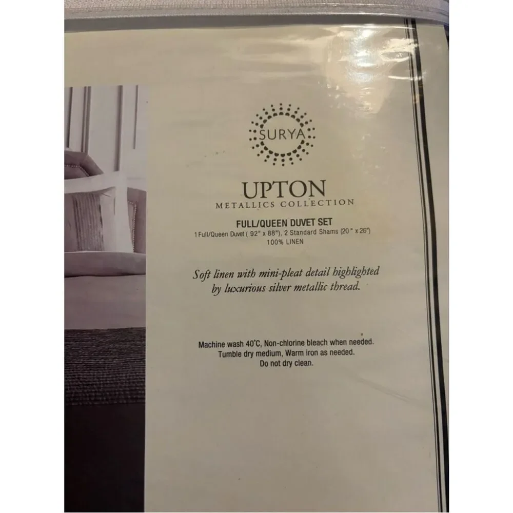 650$ New SURYA Upton Metallic Collection Linen Duvet Set Full/Queen